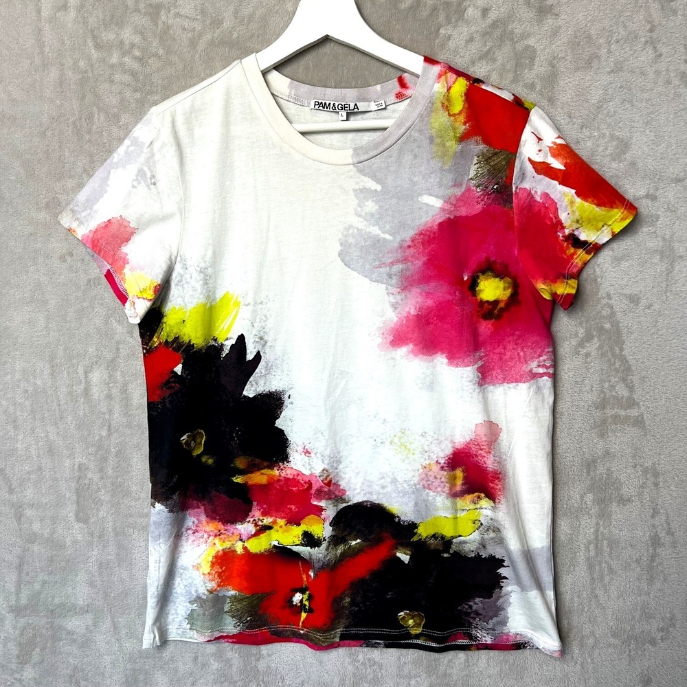 Pam & Gela Womens Cotton Floral Print Short Sleeve T-Shirt Top Multicolor Size L
